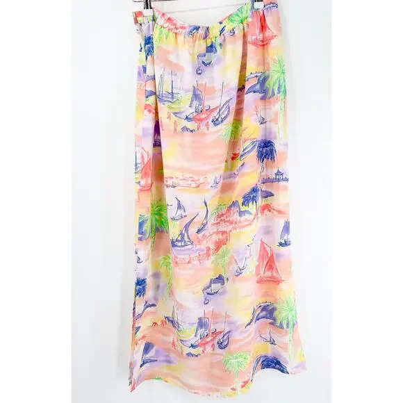 Vtg Bushwacker Brisas Island Watercolor Scenic Maxi Skirt Sz 12 Tropical Lined - Picture 11 of 13